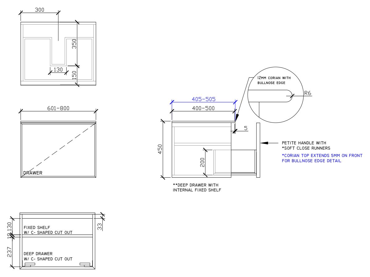 ISSY Adorn Above Counter / Semi Inset Wall Hung Vanity Unit with One Drawer & Internal Shelf with Petite Handle 601-800mm x 400-500mm x 450mm CENTER