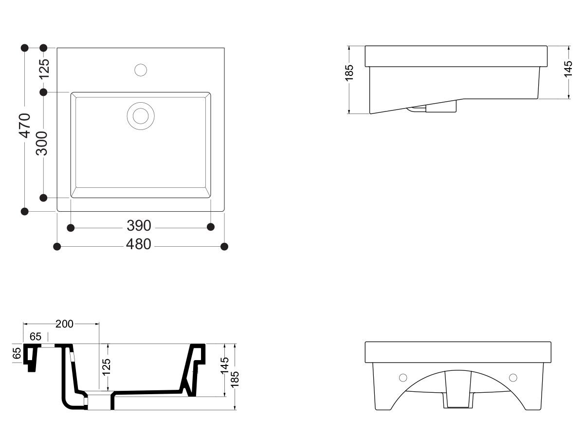 AXA Hox Semi Inset Basin 3 Tapholes 470mm White