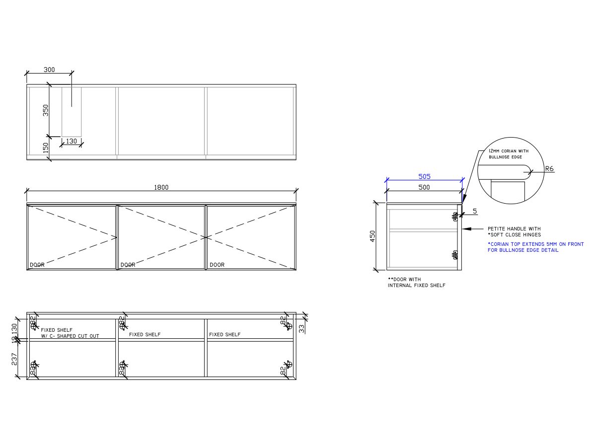 ISSY Adorn Above Counter / Semi Inset Wall Hung Vanity Unit with Three Doors & Internal Shelves with Petite Handle 1800mm x 500mm x 450mm OFFSET LEFT (CENTRE LEFT)