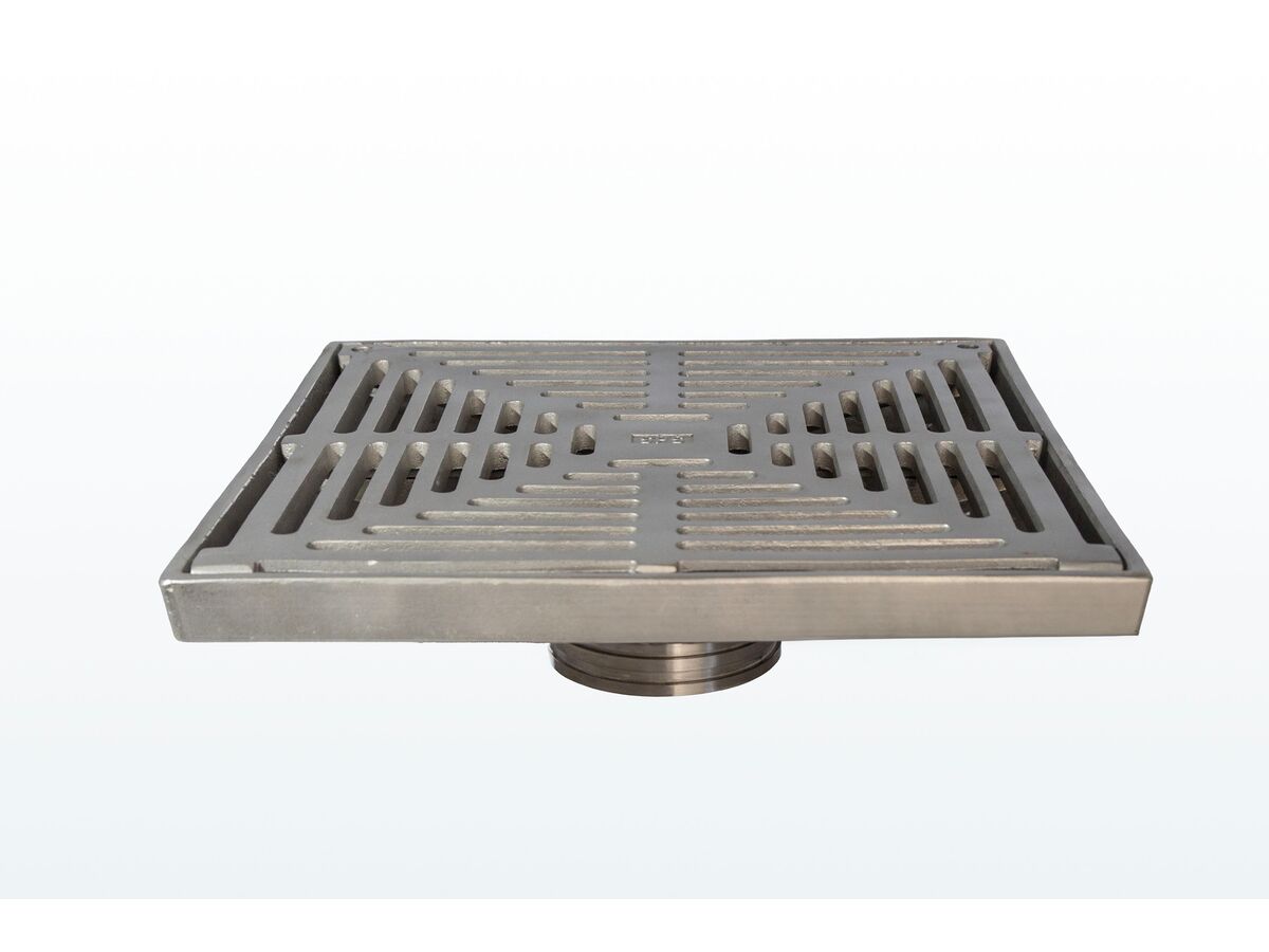 300mm Square Hinged Push-In Floor Drain In Brushed 316 Stainless Steel O-Rings Available For 100mm DWV & 110HDPE