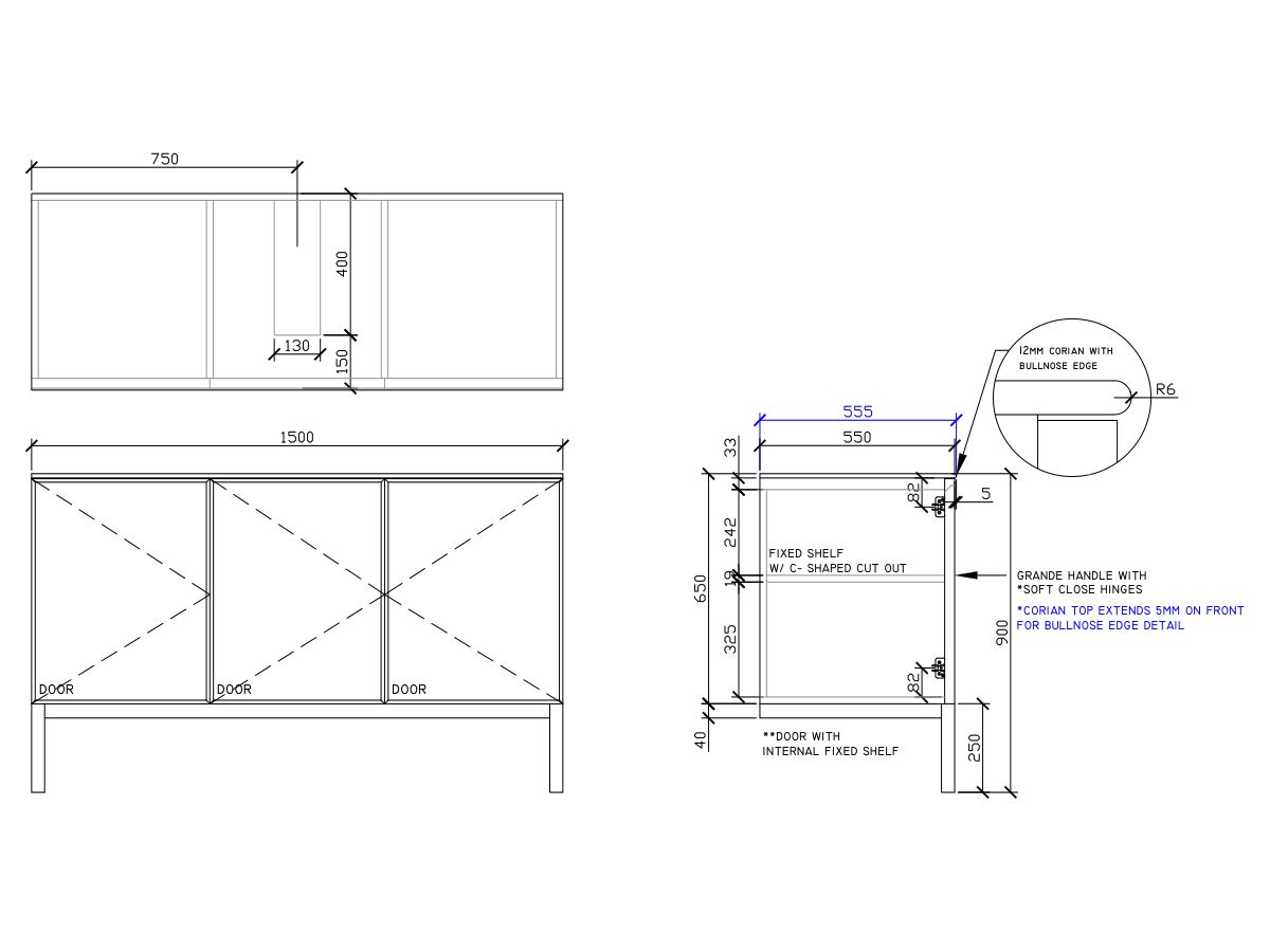ISSY Adorn Undermount Vanity Unit with Legs Three Doors & Internal Shelves with Grande Handle 1500mm x 550mm x 900mm CENTERED (CENTRE LEFT)