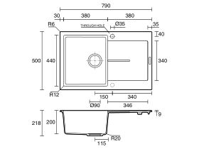 Memo Freya Single Bowl Sink 1 Taphole Left Hand Bowl with Drainer Granite Black