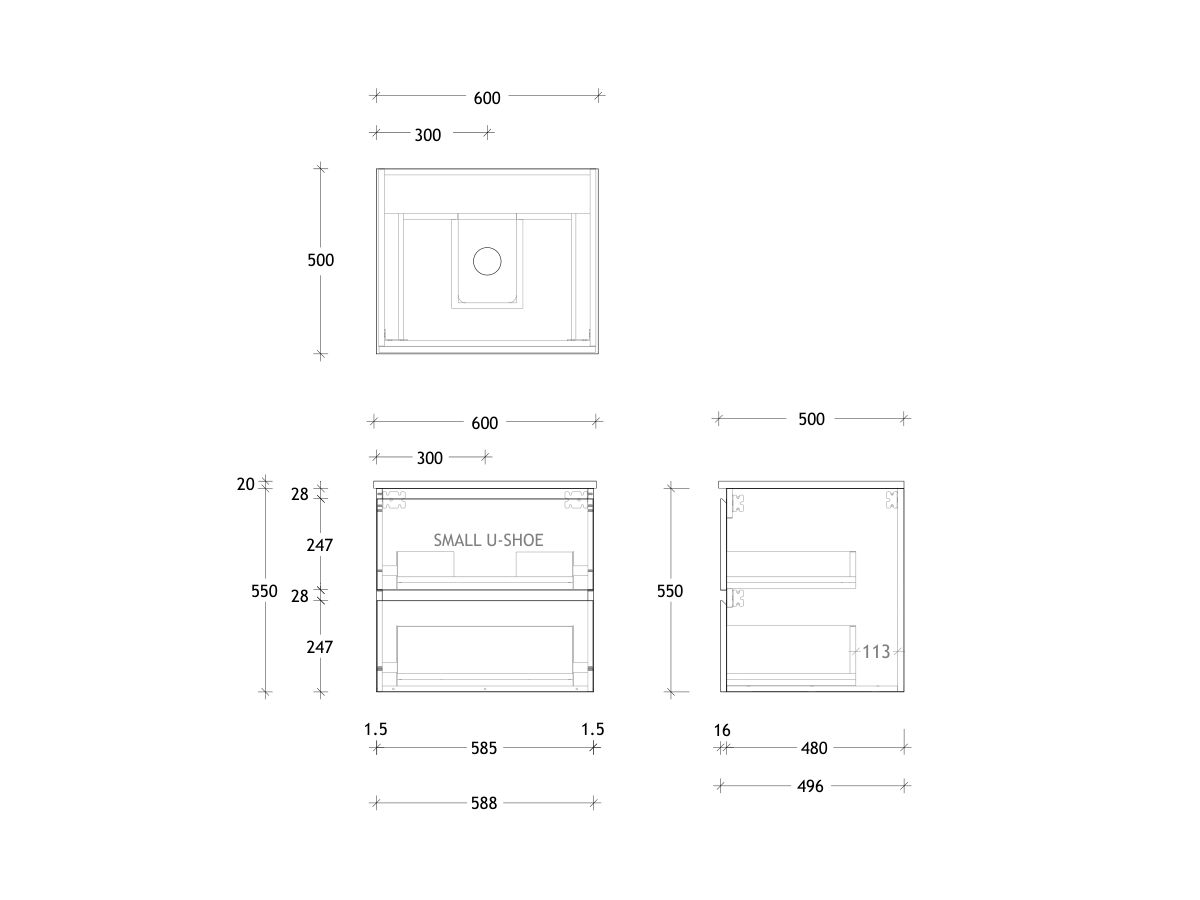 Technical Drawing - Posh Domaine All Drawer Twin 600mm Wall Hung Vanity Centre Basin 20mm Top