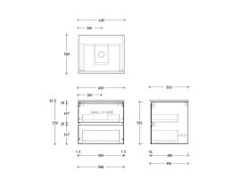 Technical Drawing - Posh Domaine All Drawer Twin 600mm Wall Hung Vanity Centre Basin 20mm Top