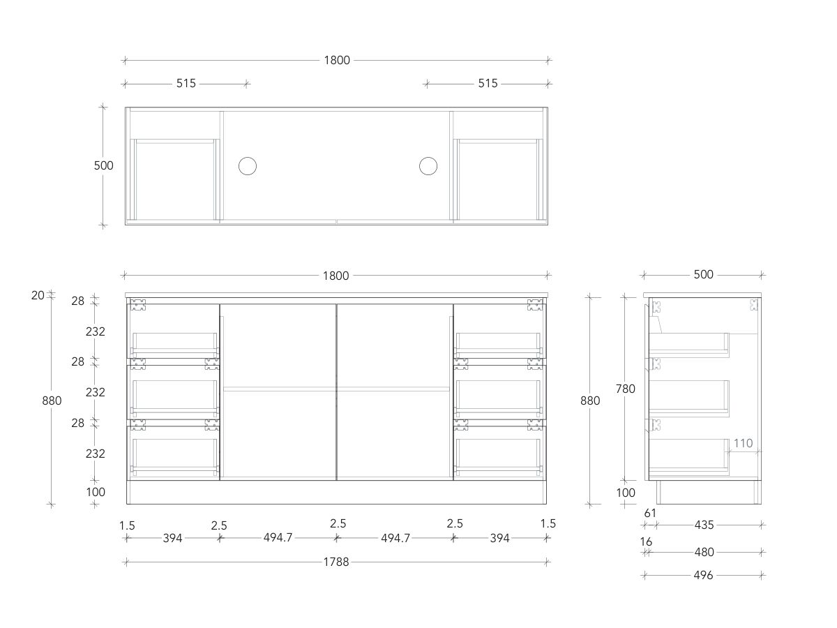Technical Drawing - Posh Domaine Conventional 1800mm Floor Mounted Vanity Double Basin 20mm Top