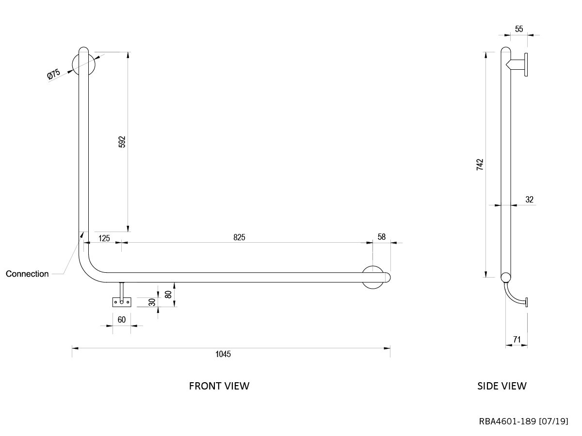 Raffaello Accessible Stainless Steel Grab Rail 90 Degree Right Hand 950mm x 700mm Bright