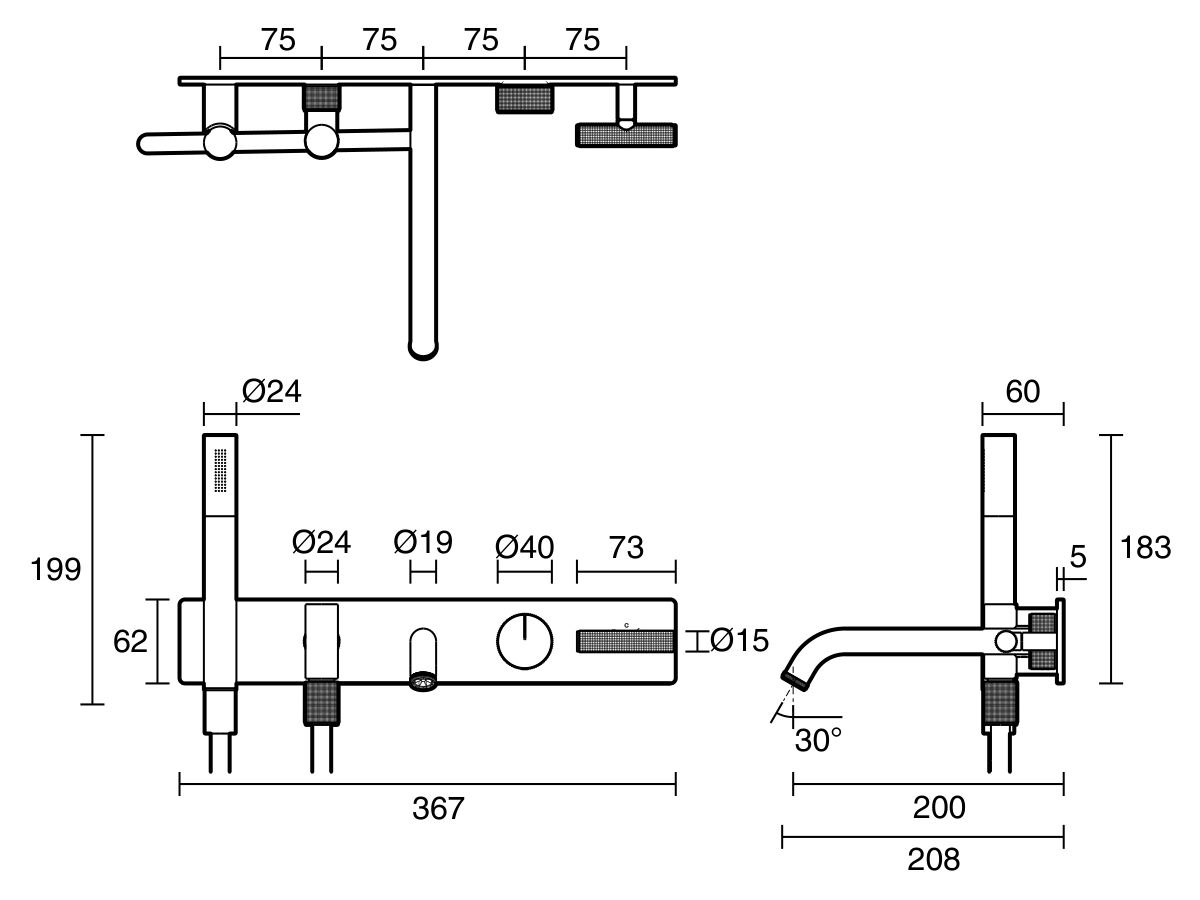 Technical Drawing - Milli Etch Progressive Bath Mixer Tap System with Handshower (3 Star)