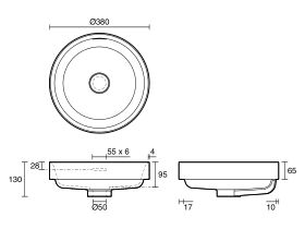 Technical Drawing - Kado Lussi Thin Edge Round Semi Inset Basin with Solid Surface Plug and Waste 380mm
