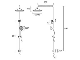 Kado Era Twin Rail Shower with Top Rail Water Inlet Lever Porcelain Handle