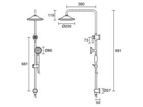 Technical Drawing - Kado Era Twin Rail Shower with Top Rail Water Inlet Lever Porcelain Handle
