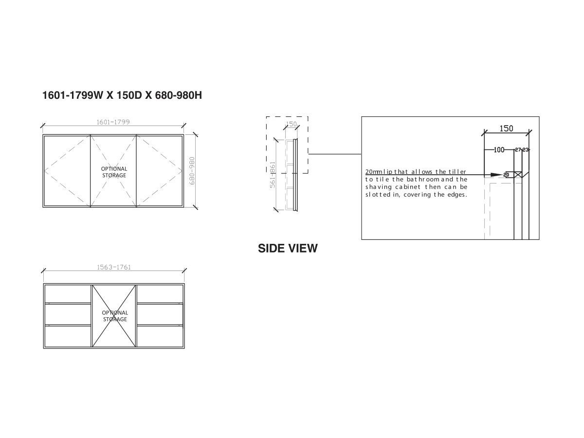 ISSY Z8 1601mm 1799mm x 150mm x 680mm 980mm Recessed Custom Triple Shaving from Reece