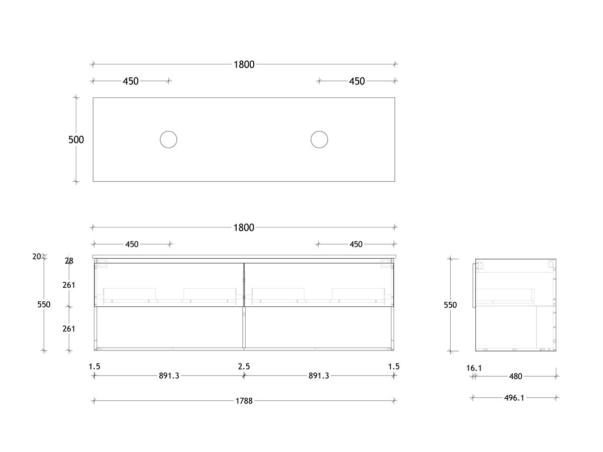 Posh Domaine 1800mm Wall Hung Vanity Unit All-Drawer Open Shelf Double Bowl Friday Top (no basin)