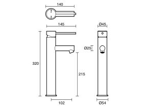 Technical Drawing - Scala Extended Basin Mixer Tap with 100mm Extension Pin