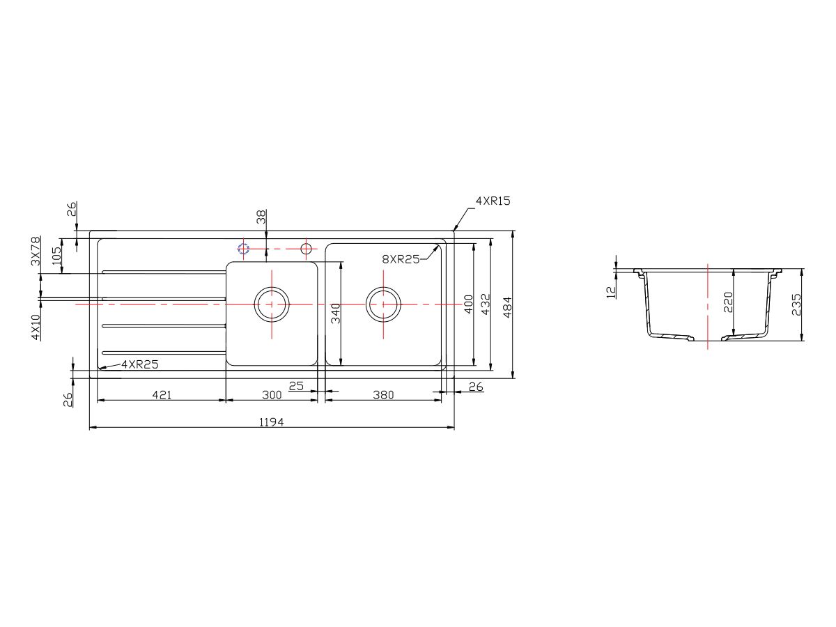 Memo Hugo 1 & 3/4 Bowl Sink 1 Taphole Right Hand Bowl with Drainer Granite Black from Reece