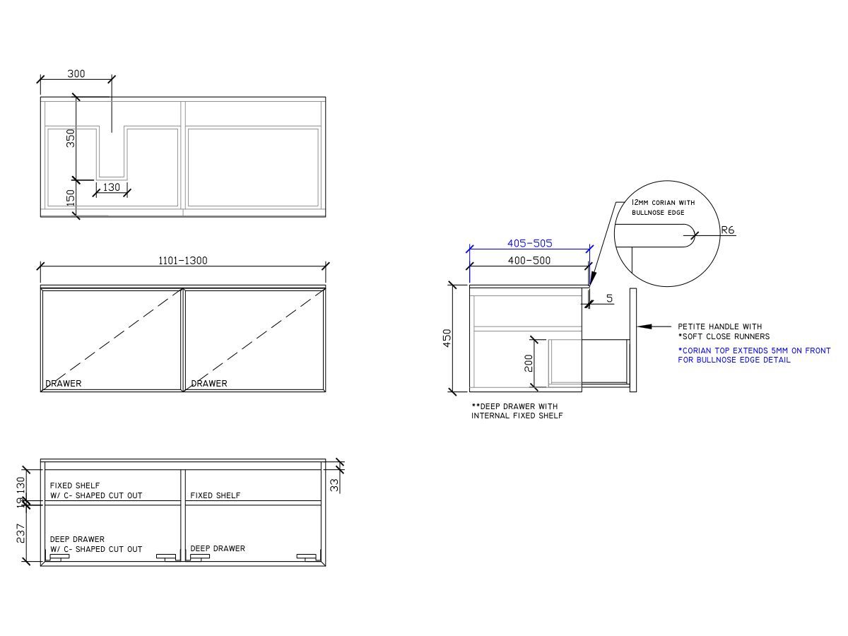 ISSY Adorn Above Counter / Semi Inset Wall Hung Vanity Unit with Two Drawers & Internal Shelves with Petite Handle 1101-1300mm x 400-500mm x 450mm OFFSET LEFT