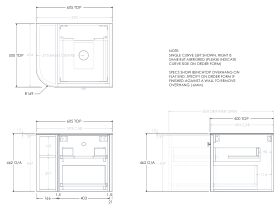 Technical Drawing - Kado Era 12mm Durasein Top Single Curve All Drawer 600mm Wall Hung Vanity with Center Basin