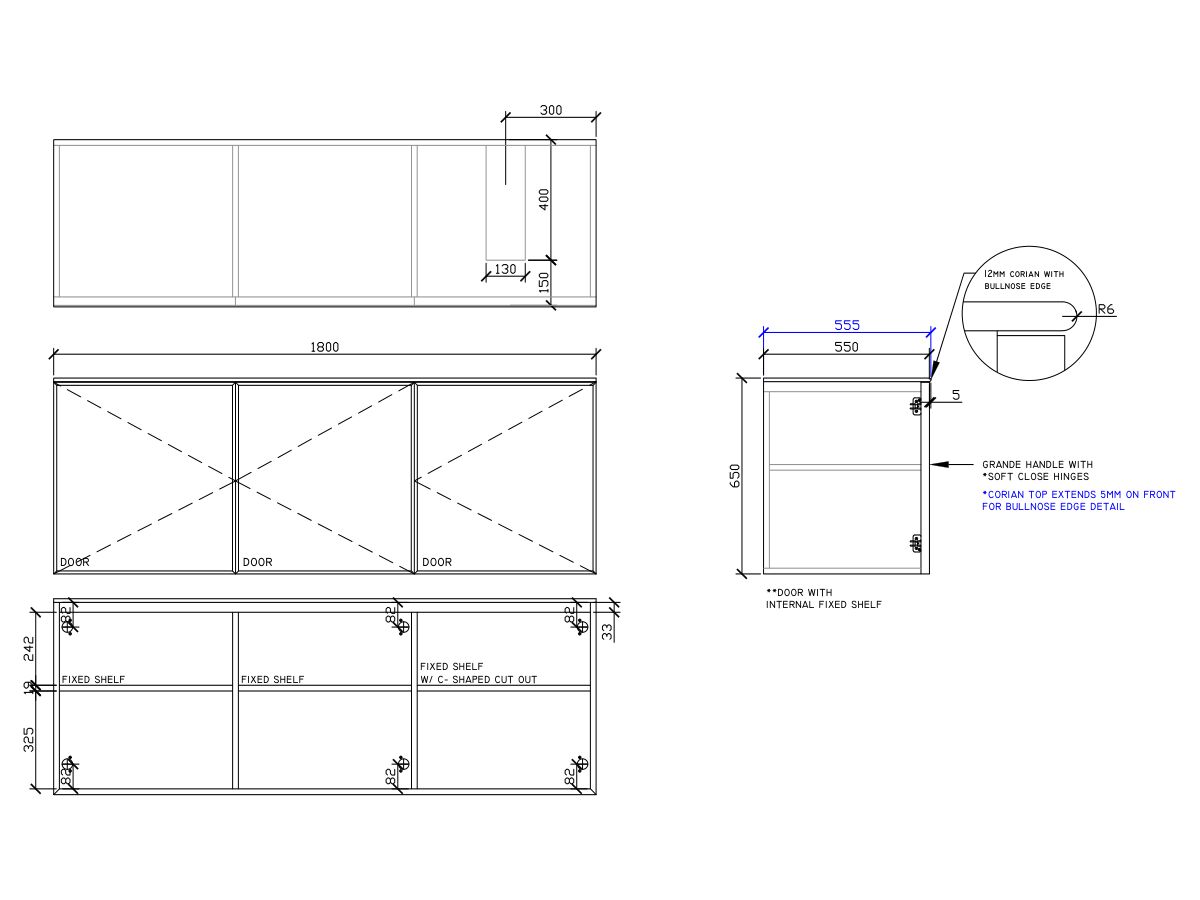 ISSY Adorn Undermount Wall Hung Vanity Unit with Three Doors & Internal Shelf with Grande Handle 1800mm x 550mm x 650mm OFFSET RIGHT (CENTRE RIGHT)