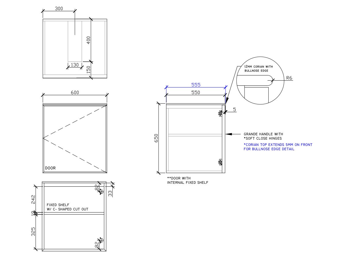 ISSY Adorn Undermount Wall Hung Vanity Unit with One Door & Internal Shelf with Grande Handle 600mm x 550mm x 650mm CENTER (RIGHT)