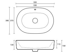 Technical Drawing - Roca The Gap Round Above Counter Basin 550mm x 390mm With Overflow White