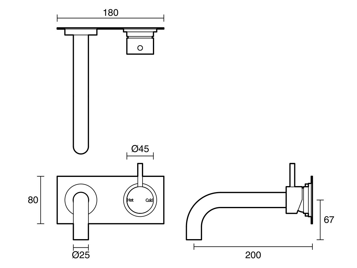 Technical Drawing - Scala 25mm Curved Bath Mixer Tap Outlet System Right Hand 200mm Outlet