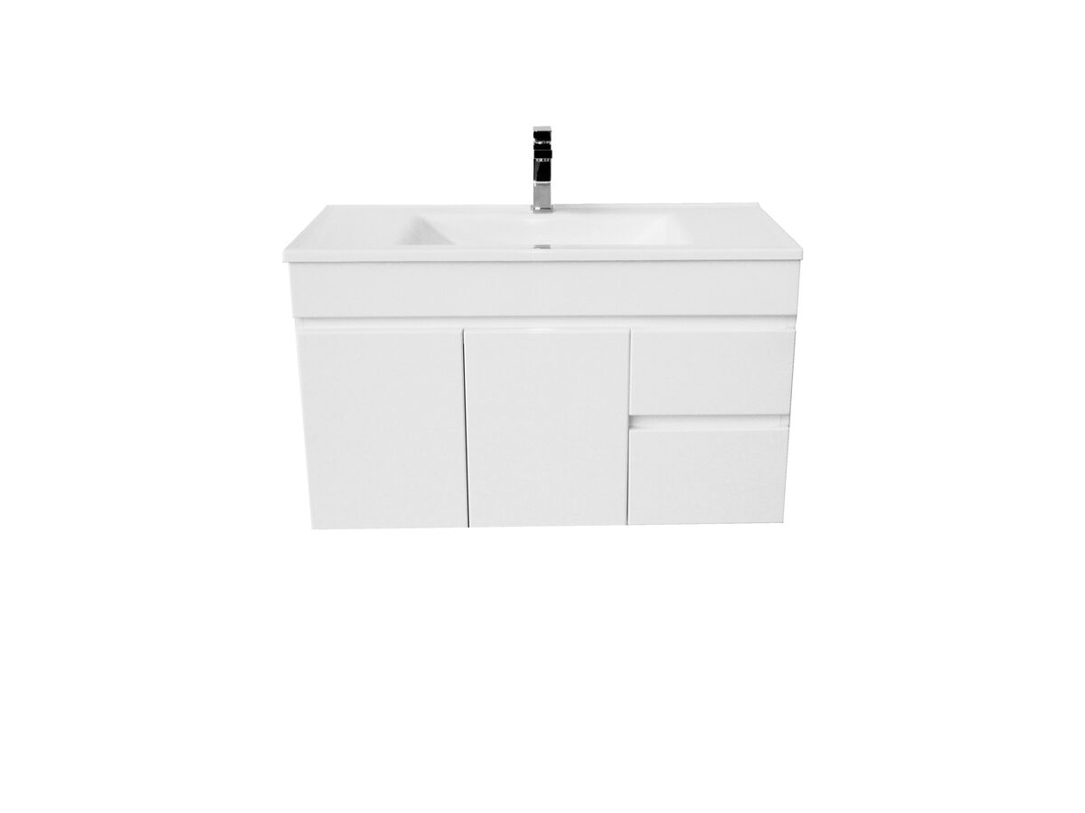Espire Wall Hung Single Bowl Vanity Unit Wave Top 2 Door and 2 Drawer 910mm White