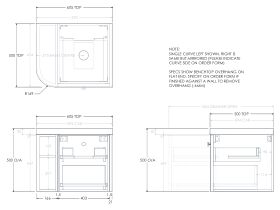 Technical Drawing - Kado Era 50mm Durasein Statement Top Single Curve All Drawer 600mm Wall Hung Vanity with Center Basin