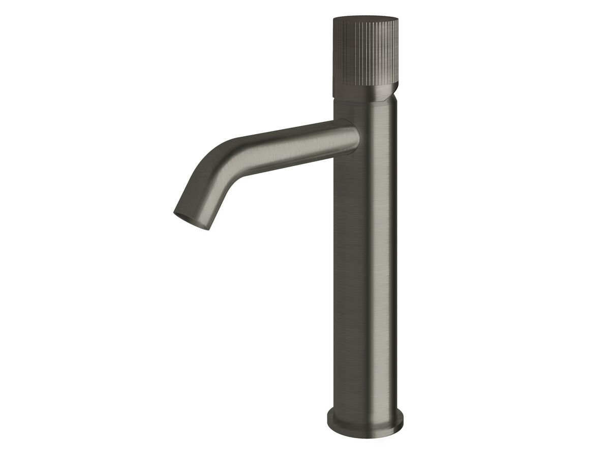 Milli Pure Medium Height Basin Mixer Tap Curved Spout with Linear Textured Handle Gunmetal (5 Star)