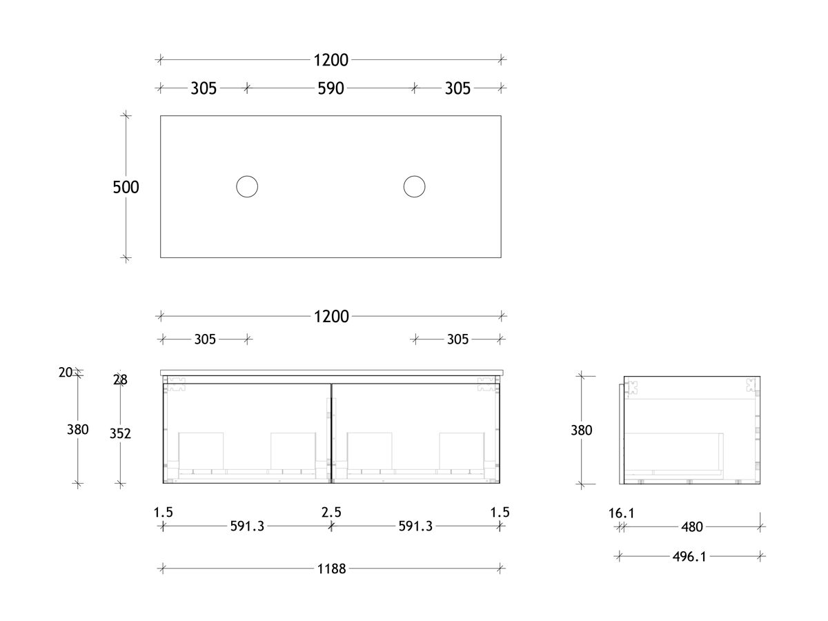Posh Domaine 1200mm Wall Hung Vanity Unit All-Drawer Double Bowl Friday Top (no basin)