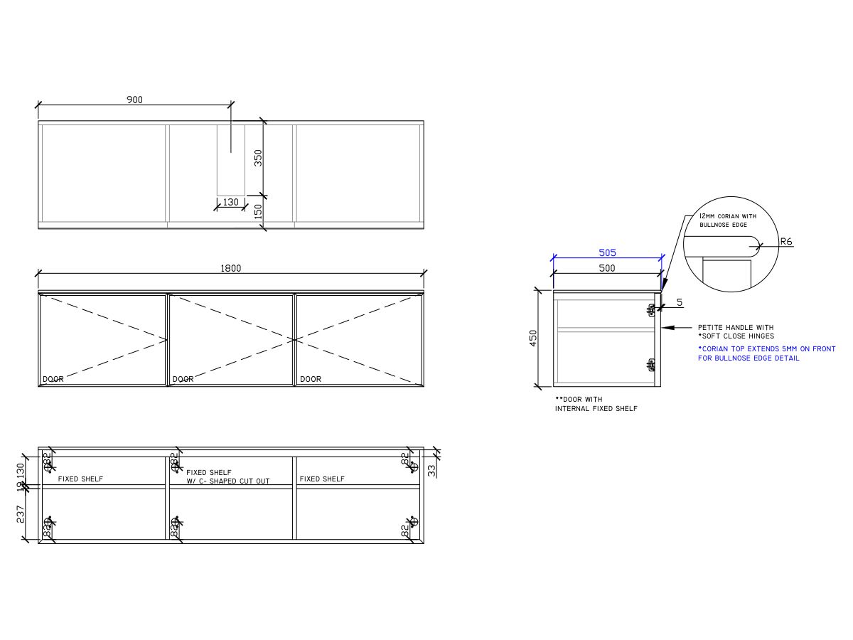 ISSY Adorn Above Counter / Semi Inset Wall Hung Vanity Unit with Three Doors & Internal Shelves with Petite Handle 1800mm x 500mm x 450mm CENTERED (CENTRE LEFT)