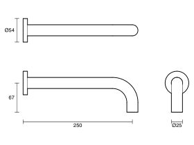 Technical Drawing - Scala 25mm Curved Bath Outlet 250mm 316 Stainless Steel