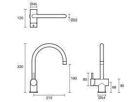 Technical Drawing - Scala Sink Mixer Tap Large Curved Left Hand