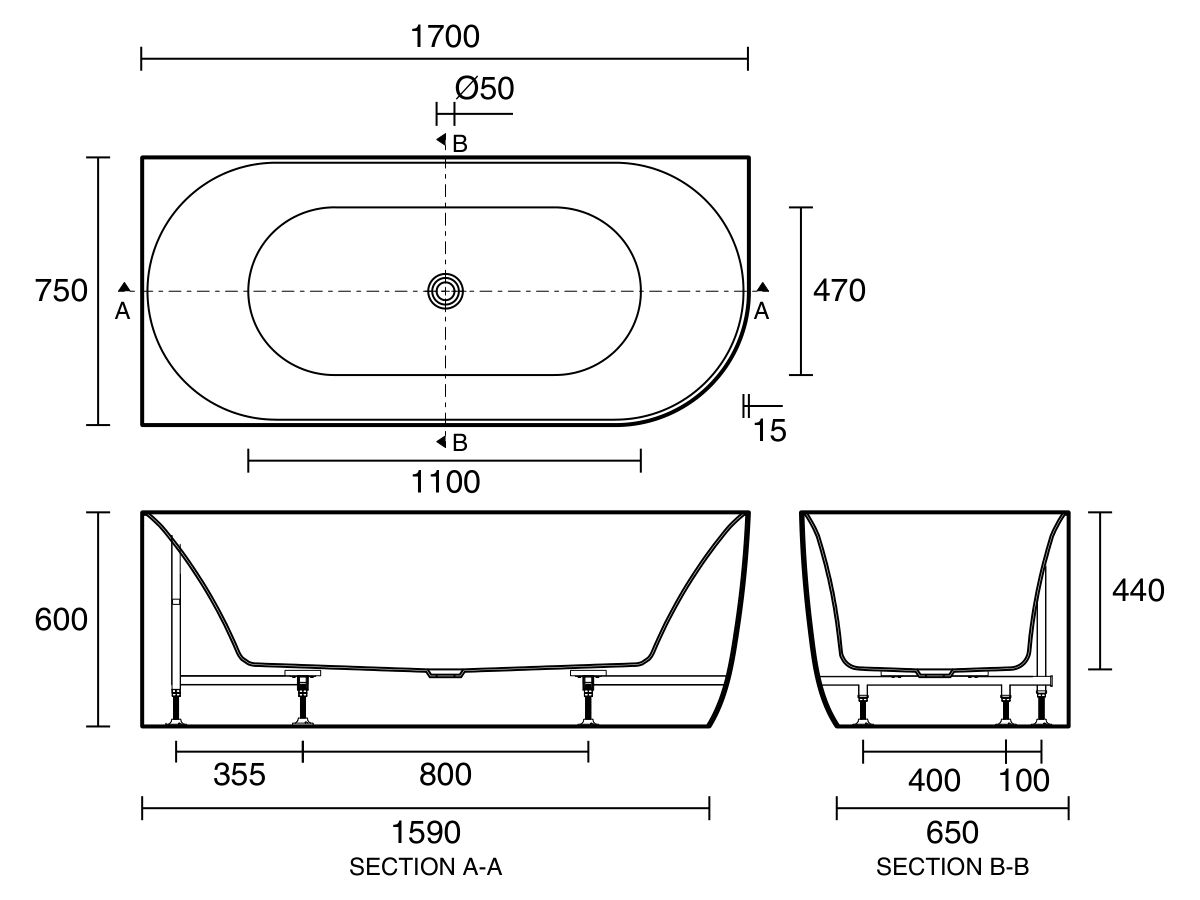 Posh Solus Back To Corner Freestanding Bath 1700mm Left Corner White