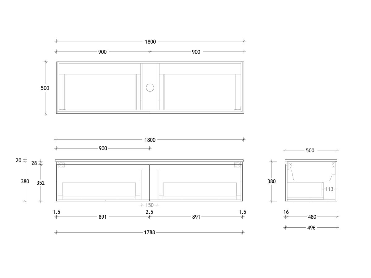 Technical Drawing - Posh Domaine All Drawer 1800mm Wall Hung Vanity Centre Basin 20mm Top