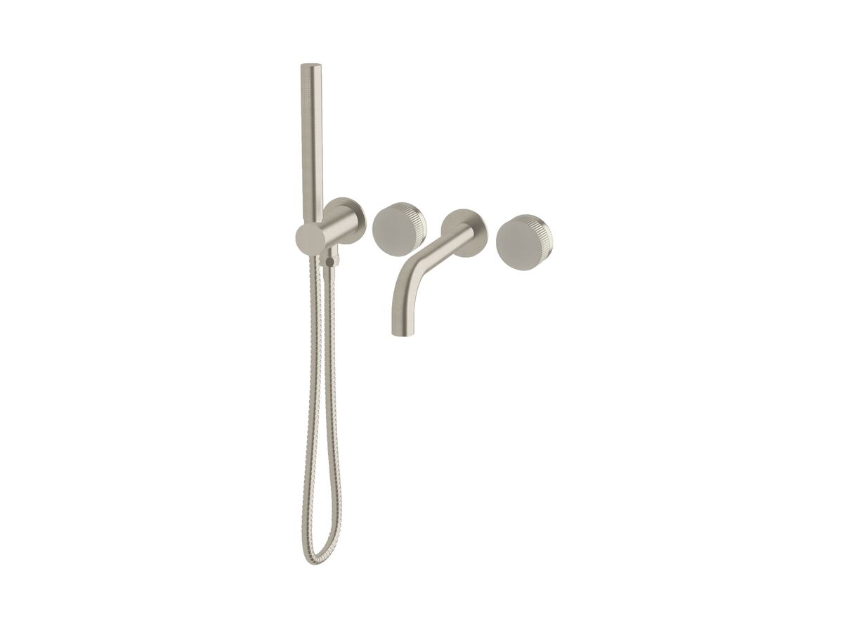 Milli Pure Progressive Bath Mixer Tap System 160mm with Hand Shower Right Hand and Linear Textured Handles Brushed Nickel (3 Star)