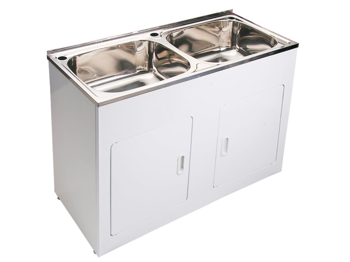 Base Double Laundry Trough & Cabinet 1 Taphole 45 Litres x 2 Stainless Steel/ White