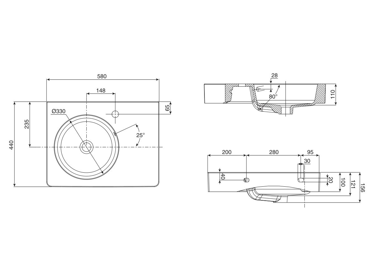 Kado Lux Wall Basin with Shelf with Fixings 580 x 440mm 1 Taphole White