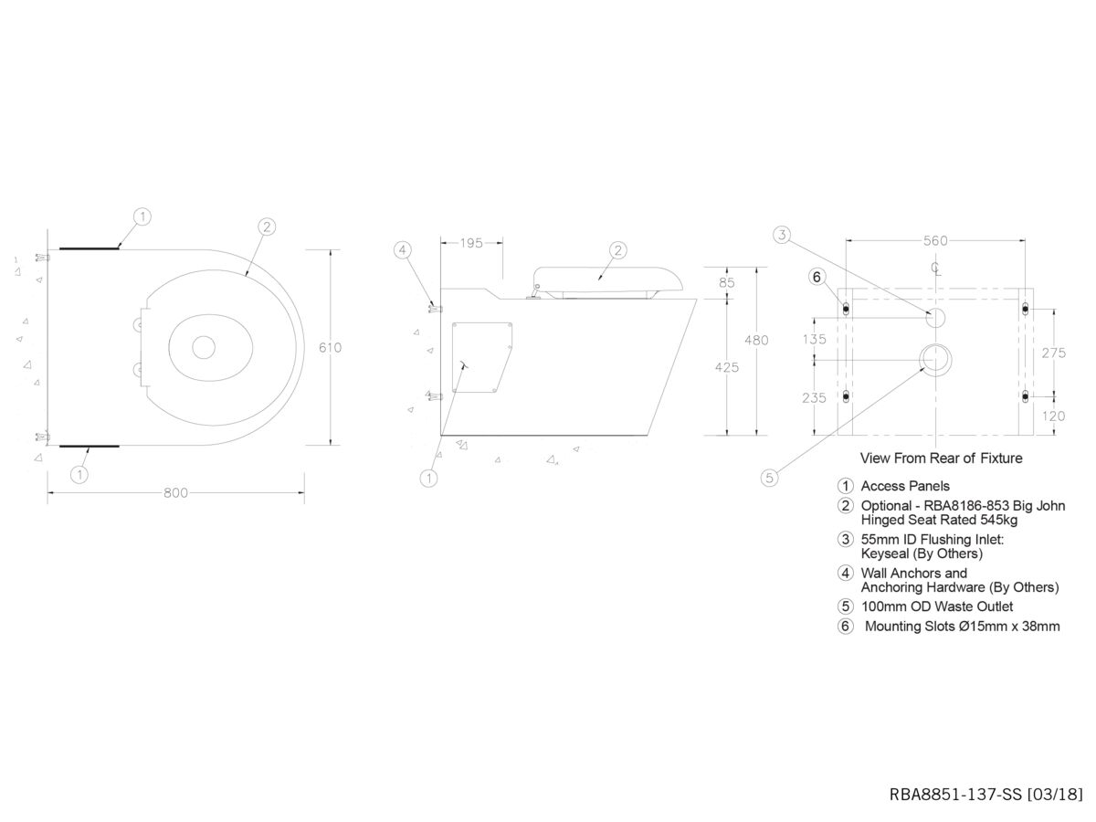 RBA Bariatric Toilet P or S Trap` Front or Rear Fixed Stainless Steel (3 Star)