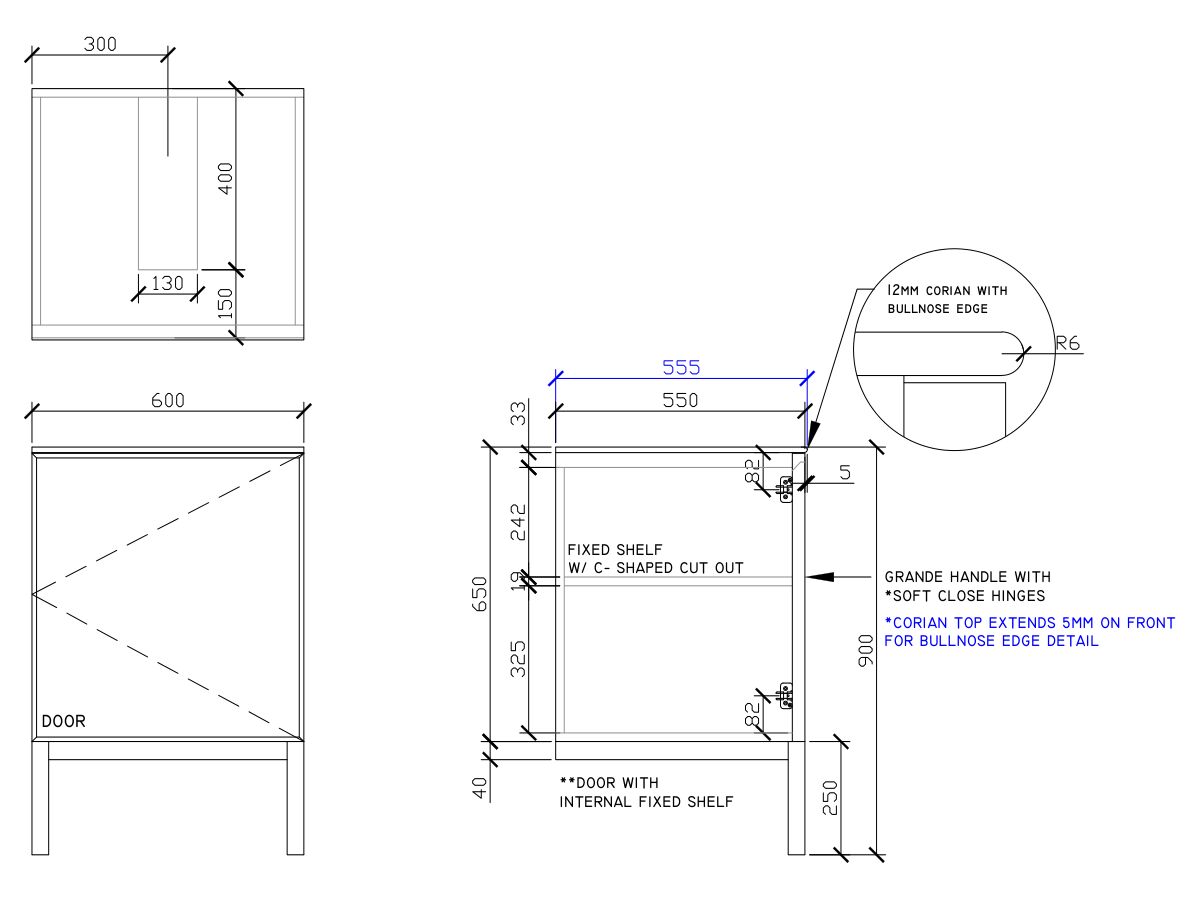 ISSY Adorn Undermount Vanity Unit with Legs One Door & Internal Shelf with Grande Handle 600mm x 550mm x 900mm CENTER (RIGHT)