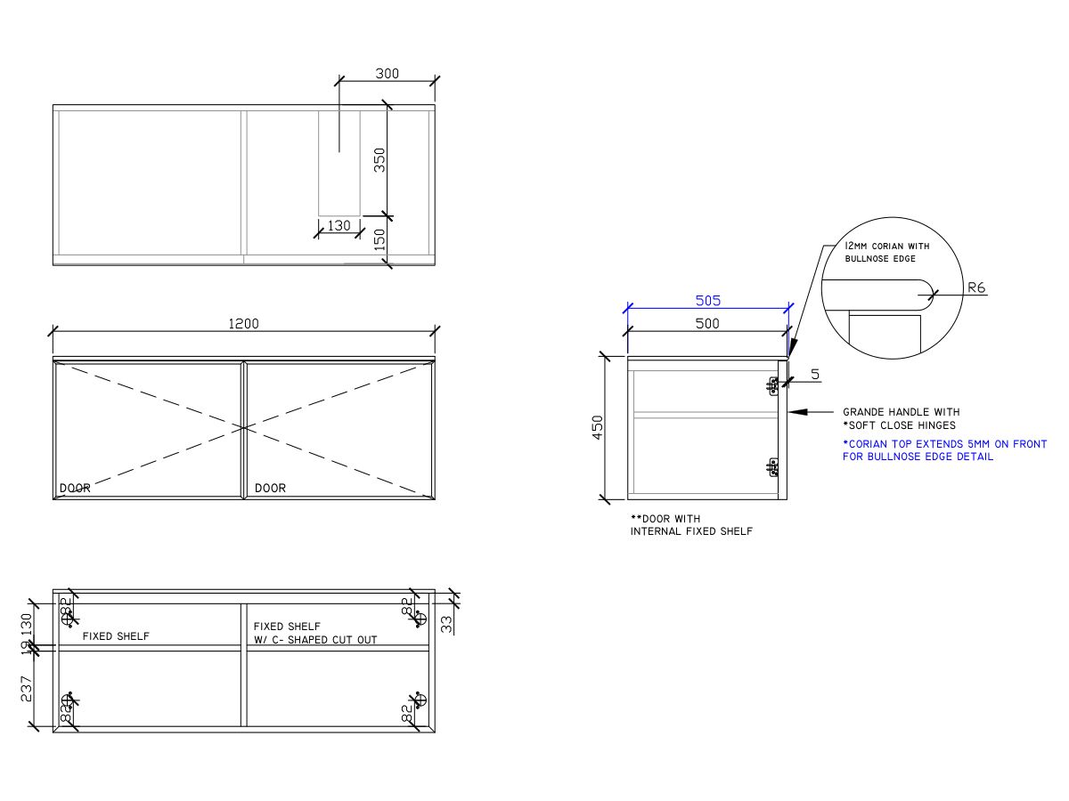 ISSY Adorn Above Counter / Semi Inset Wall Hung Vanity Unit with Two Doors & Internal Shelves with Grande Handle 1200mm x 500mm x 450mm OFFSET RIGHT (OPENS BOTH SIDES)