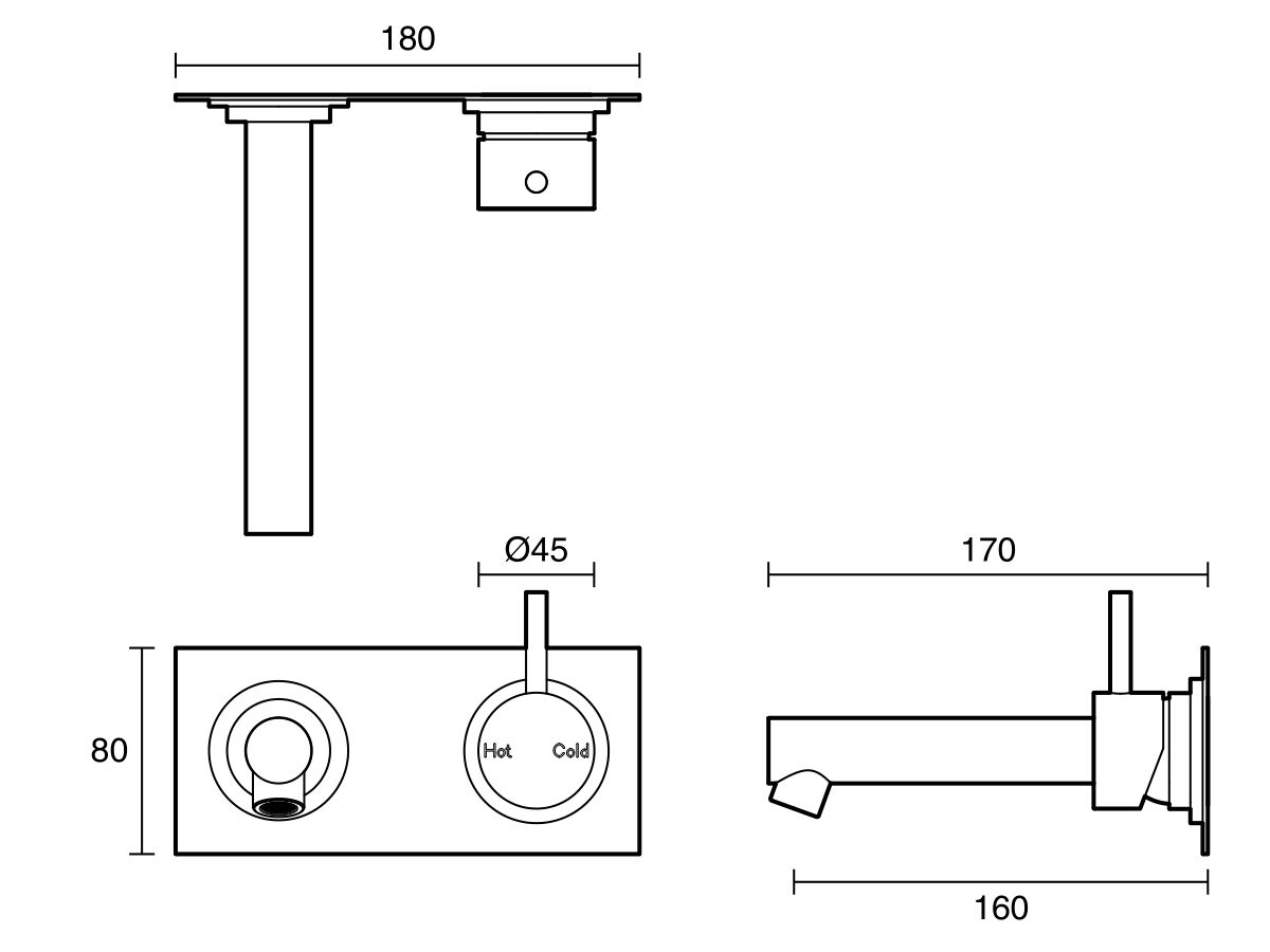 Technical Drawing - Scala Straight Wall Basin Mixer Tap System Right Hand Mixer Tap 160mm Outlet