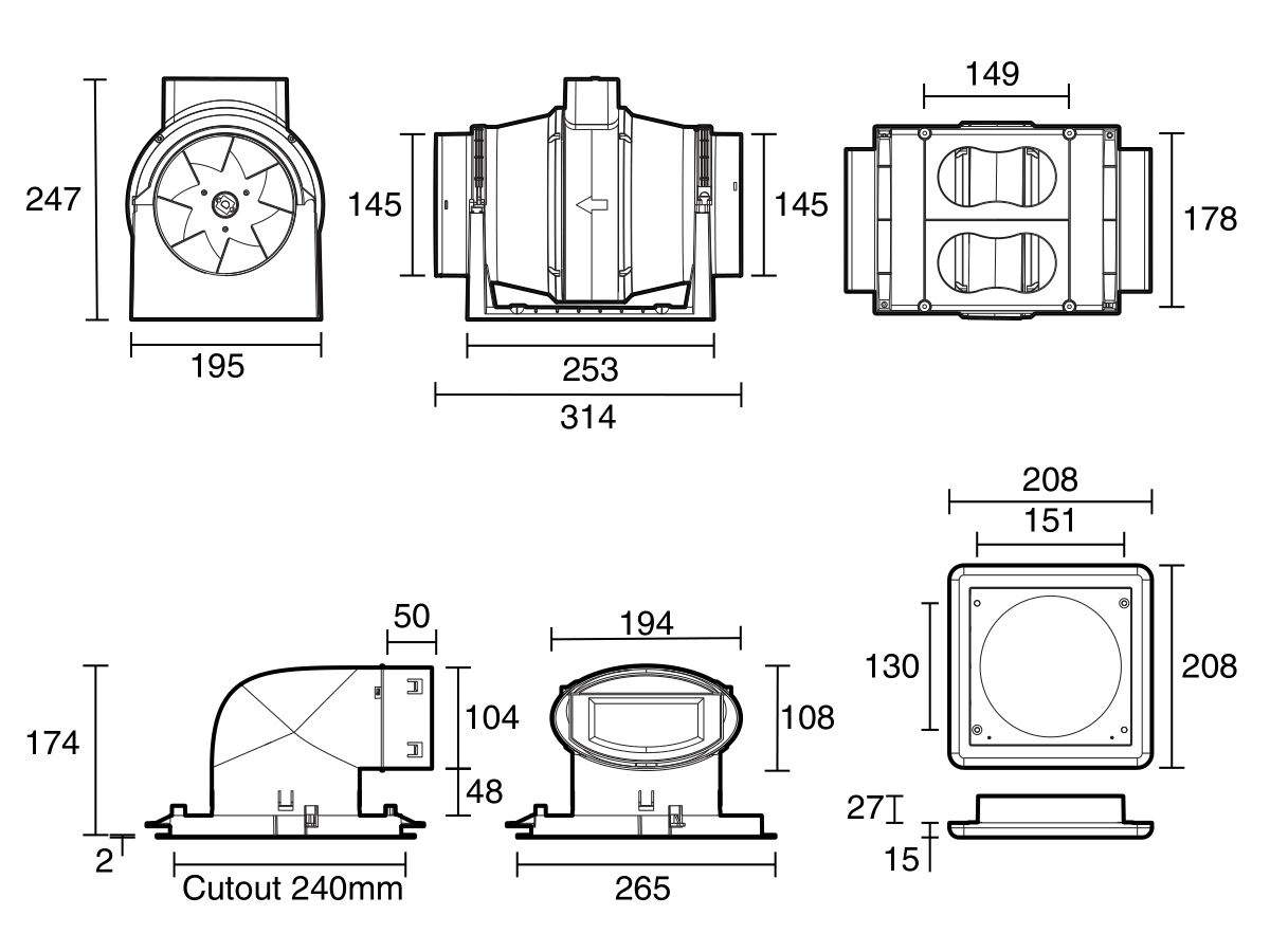 Kado Lux HiFlow LED Inline Exhaust System Square Matte White from Reece