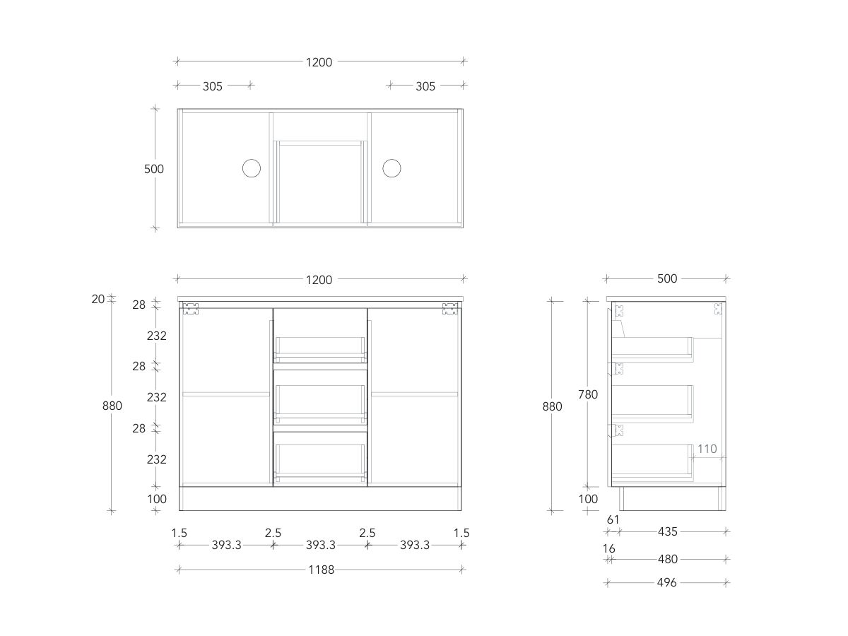 Technical Drawing - Posh Domaine Conventional 1200mm Floor Mounted Vanity Double Basin 20mm Top