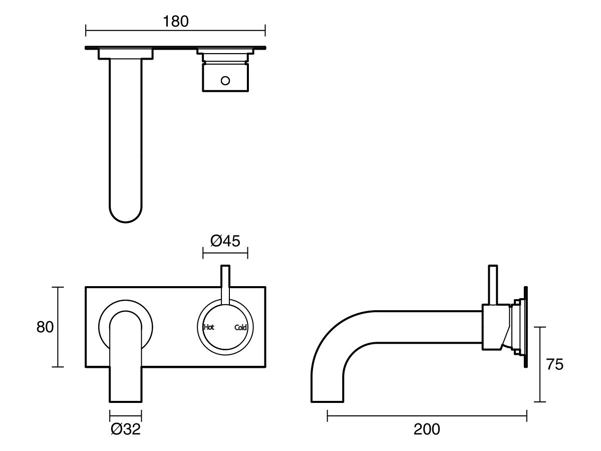 Technical Drawing - Scala 32mm Curved Bath Mixer Tap Outlet System Right Hight 200mm Outlet