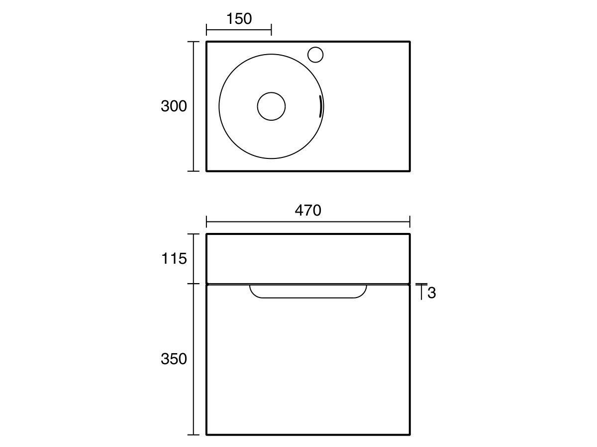 Technical Drawing - Omvivo Neo MKII Mini Wall Hung Vanity 470mm Left Hand Bowl