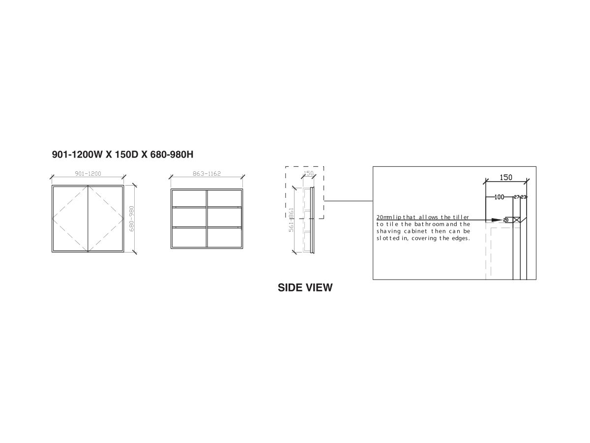 ISSY Z8 901mm 1200mm x 150mm x 680mm 980mm Custom Recessed Double Shaving from Reece