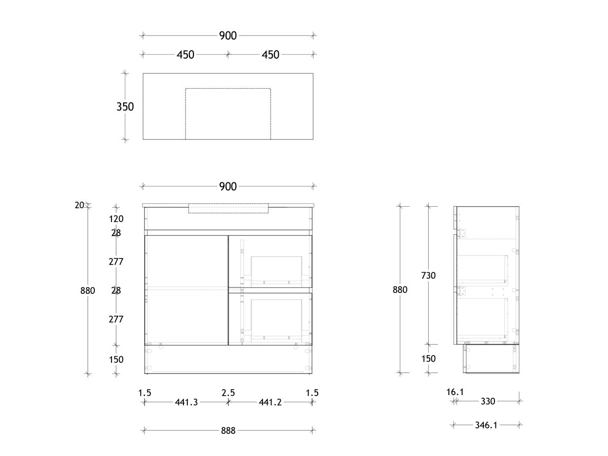 Technical Drawing - Posh Domaine Semi-Recessed 900mm Floor Mounted Vanity Centre Basin 20mm Top