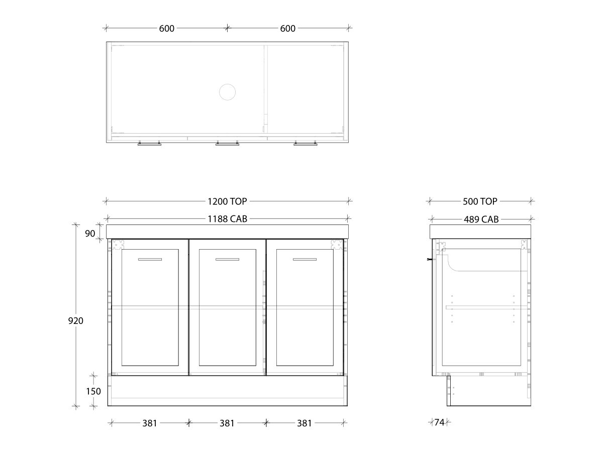 Kado Lux Door Vanity Unit 1200 Floor Mount Centre Bowl Statement Top 3 Doors (No Basin)