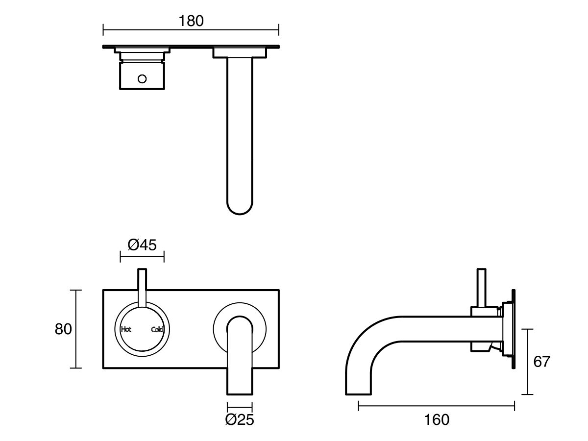 Technical Drawing - Scala 25mm Curved Wall Basin Mixer Tap System Left Hand Mixer Tap 160mm Outlet