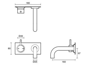 Technical Drawing - Scala 25mm Curved Wall Basin Mixer Tap System Left Hand Mixer Tap 160mm Outlet