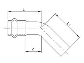 Technical Drawing - >B< Press Stainless Steel Elbow Plain End 45 Degree